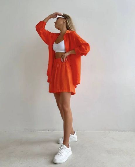 Женский летний костюм рубашка и шорты BF167 цвет оранжевый, оверсайз 42/46 | Зображення 2