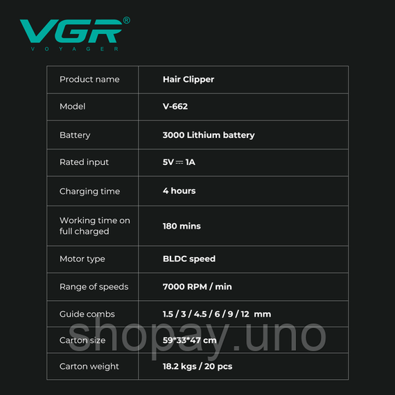 Акумуляторна машинка для стрижки VGR V-662 GREEN, 7000 RPM, 6 насадок, LED дисплей | Зображення 2