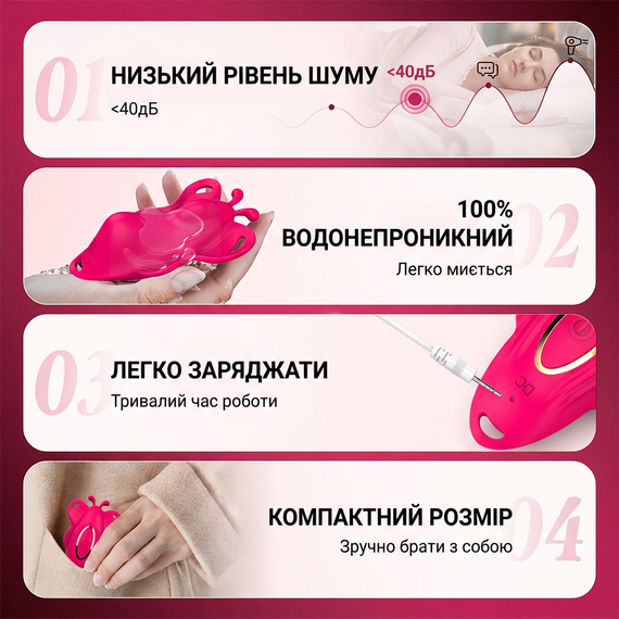 Вібротрусики смарт безшумні метелики силіконові з ремінцями 9 режимів Рожевий | Зображення 7