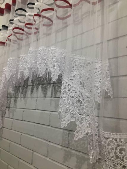 Тюль короткий арка фатін на кухню/балкон смужками 160х300 см червоний з бежевим | Зображення 2