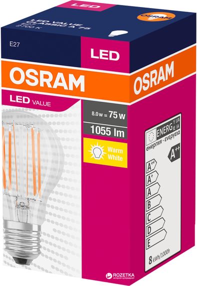 Лампа светодиодная OSRAM LED A60 7.5W (1055Lm) 2700K E27 филамент (4058075288669) | Зображення 1