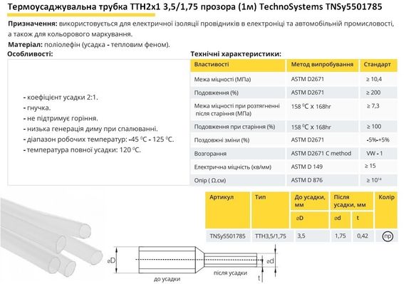 Термоусадочна трубка ТТН2х1 3.5/1.75 прозора 1 метр Ny95501785 | Зображення 1