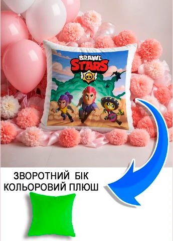 Подушка плюшева Мерч Крафт Дизайн з принтом brawl stars 3 салатовий плюш квадратна 33х33 см