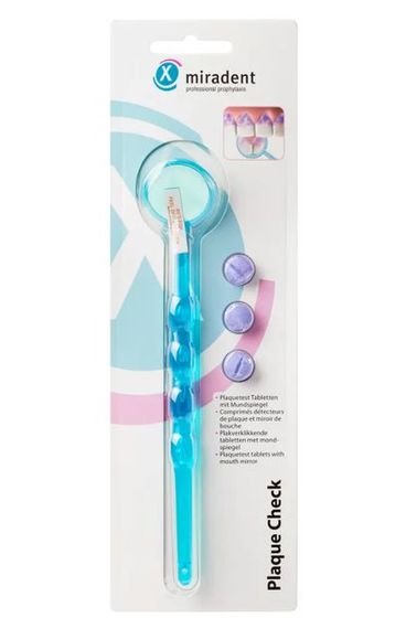 Таблетки для виявлення зубного нальоту Miradent Mira-2-Ton, Plaque Test Tablets + дзеркало Miradent Mouth Mirror (блакитне/рожеве)