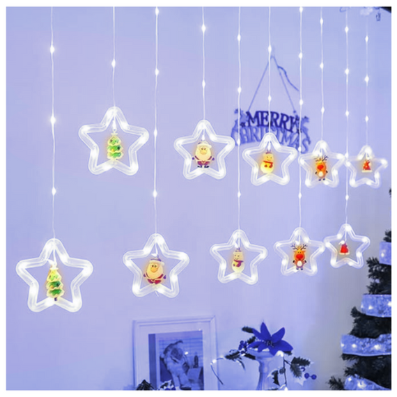 Гірлянда штора 'Фігурки в зірці' 3 м USB (Олка, Сніговик, Дід Мороз, Олень, Шапка) Тепле біле світло знижка