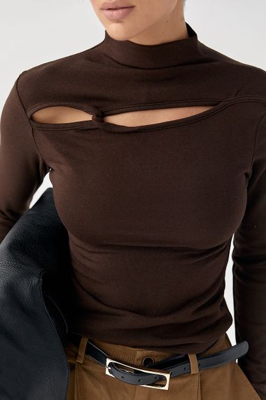 Трикотажний однотонний лонг із переплетом - коричневий цвет, ONE SIZE (є розміри) | Зображення 3