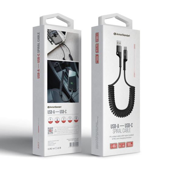 Дата кабель USB 2.0 AM to USB-C 1.0m Spiral 2.4A black Armorstandart (ARM75390) | Зображення 2