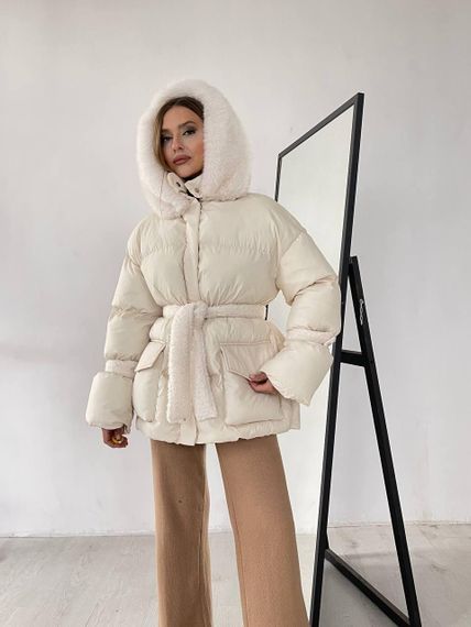 Пуховик с опушкой и капюшоном Cresh Puffer, молочный | Зображення 2
