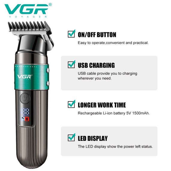 Акумуляторна машинка для стрижки VGR V-600 Black з 6 насадками, регулятором висоти зрізу та LED-дисплеєм (45689-V-600 BLACK_587) | Зображення 1