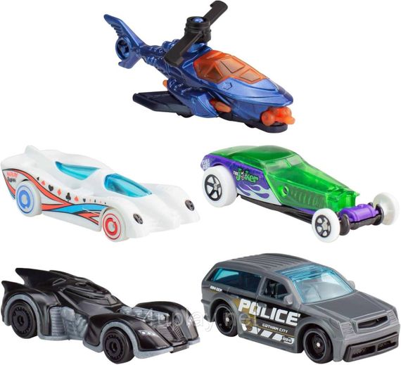 Набор из 5-ти машинок Хот Вилс Бэтмен Оригинал Hot Wheels Batman Бэтмобиль, Харли Квинн, Джокер, Бэткоптер | Зображення 1