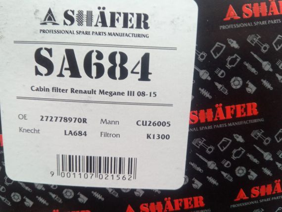 Фільтр салону Megane III 08-, SHAFER (SA684) 272778970R | Зображення 1
