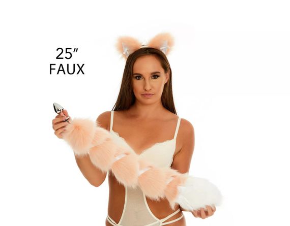 Анальний хвіст зі стрічкою без пробки, Персиковий з білим кінчиком, OKOVA 60 см. Sex Aura