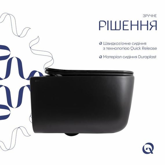 Унітаз підвісний Qtap Gemini Ultra Quiet 485×340×350 мм, Matt Black, з сидінням Slim Duroplast / Soft-close / Quick Release | Зображення 3
