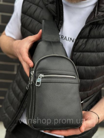 Чоловіча сумка-бананка через плече 18х32х7, рюкзак унісекс на груди з натуральної шкіри TIDING BAG 3280 чорний | Зображення 7