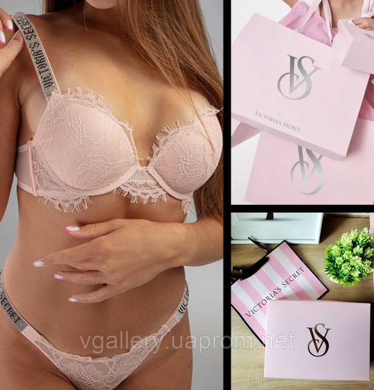 Мереживний Комплект Victoria's Secret зі стразами Бюстгальтер Пуш-Ап, Вікторія Сикрет Бразиліана, Бежевий, 75B | Зображення 4