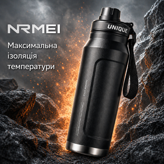 Термопляшка NRMEI 1000 мл, сталева вакуумна термопляшка для води та напоїв, чорна | Зображення 1