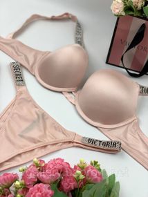 Женский комплект нижнего белья Victoria`s Secret со стразами больших размеров (85Д-90Д) Бежевый(персик), 80B