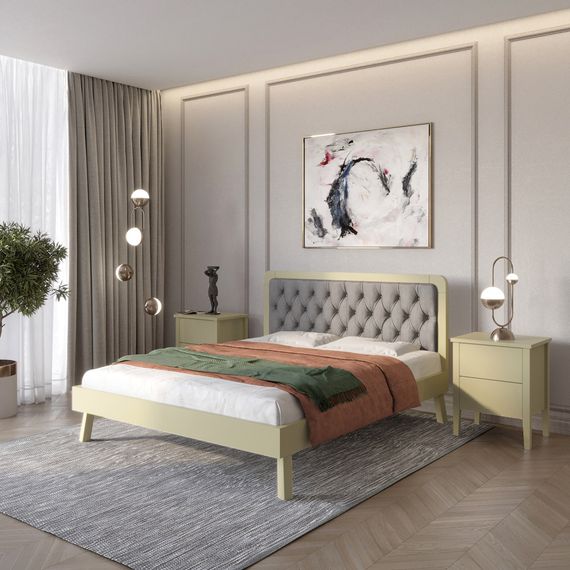 Двоспальне дерев'яне ліжко Mebigrand Токіо Оливковий (RAL1020)/Аляска 93 (Сірий) 160х190 см (MBG-4638)