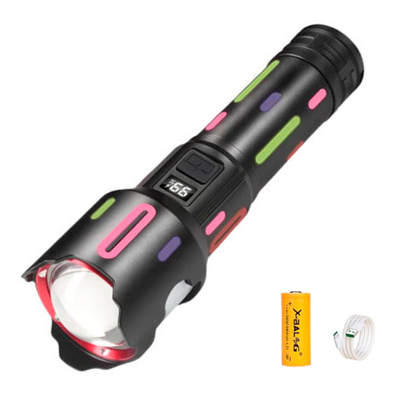 Фонарь ручной с флуоресцентной окраской BL-2405-TG, индикация заряда, zoom, Рower Вank,  АКБ 26650, ЗУ Type-C