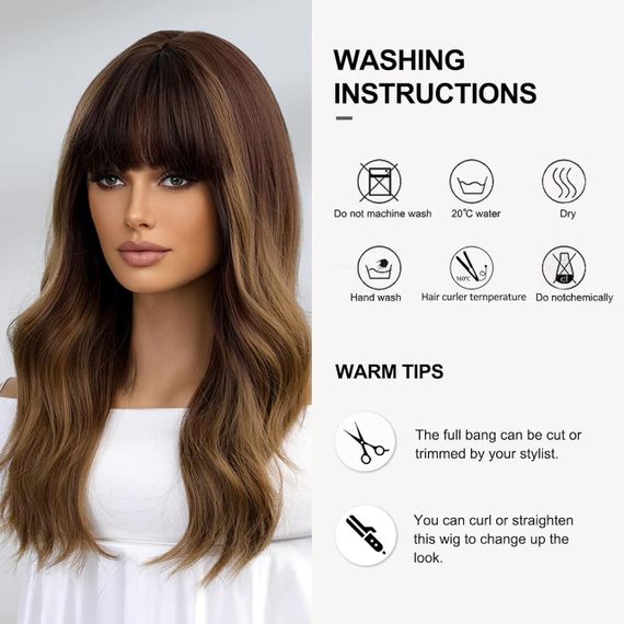 Парик женский каштановый омбре волнистый с челкой 51 см длинный, термостойкие синтетические волосы коричневые | Зображення 6