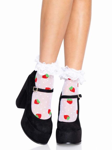 Шкарпетки жіночі з полуничним принтом Leg Avenue Strawberry ruffle top anklets One size, мереживні м sexstyle