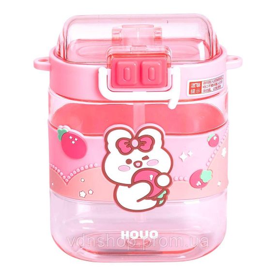 Пляшка для води дитяча з трубочкою та ремінцем 560 мл пляшечка для пиття в школу 15 см Рожева HP-14-36P | Зображення 1