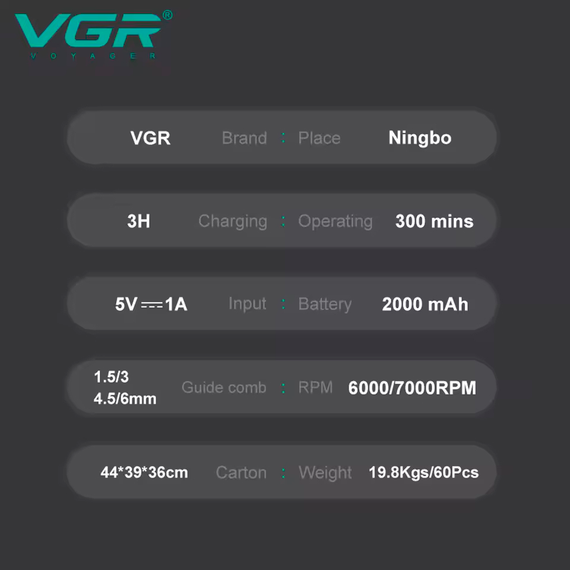 Триммер для стрижки аккумуляторный VGR V-995, 4 насадки, 7000 RPM, 2000 mAh | Зображення 1