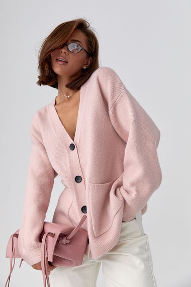 В'язаний кардиган із накладними кишенями - пудра цвет, ONE SIZE (є розміри)