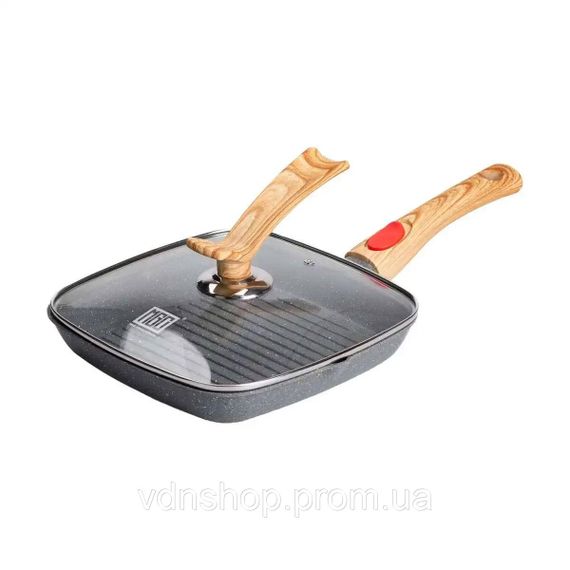 Алюмінієва сковорода-гриль 24 см зі скляною кришкою Квадрат сірий MGC HP-4-461G