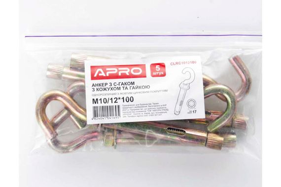 Анкер однораспорный с гайкой C-крюк Apro - 12 х 100мм x М10 (5шт) (CLRC1012100) | Зображення 1