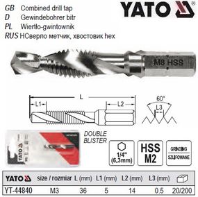 Сверло метчик YATO М3х0.5 мм HSS М2 HEX-1/4" l=36/5 мм YT-44840