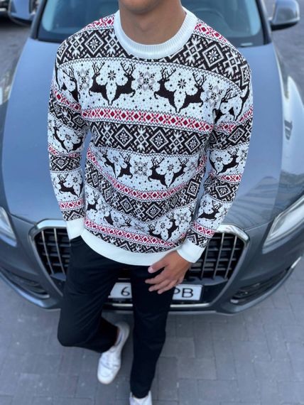 Мужской новогодний свитер с оленями низкий воротник PA2658 цвет белый, размер М