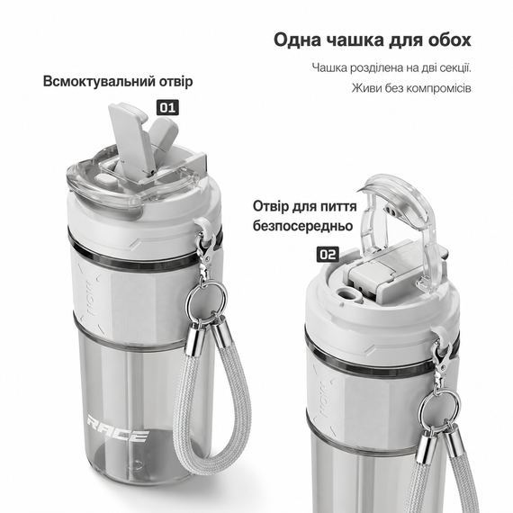 Кружка RACE Dual-Sip (650 мл) с двумя секциями соломинкой и ремешком - Серая | Зображення 5