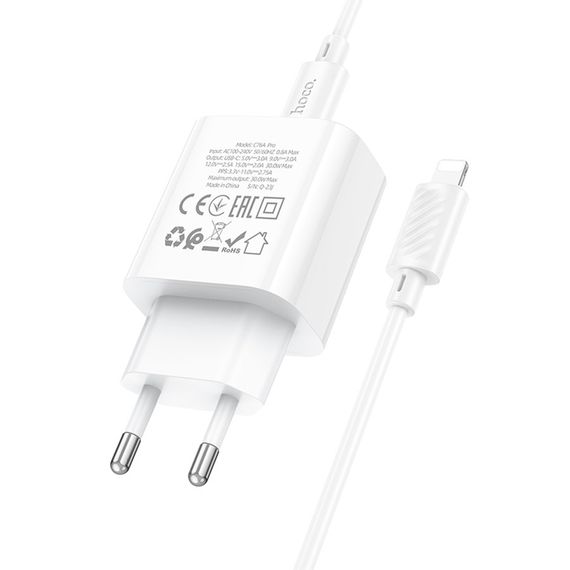Набір СЗУ 110-240V HOCO C76A Pro+ Lighting кабель, USB-C, PD30W, кабель 1м | Зображення 6
