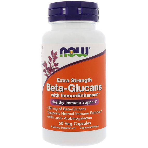 Бета-глюканы, Beta-Glucans, Now Foods, для иммунитета, дополнительная сила, 250 мг, 60 вегетарианских капсул