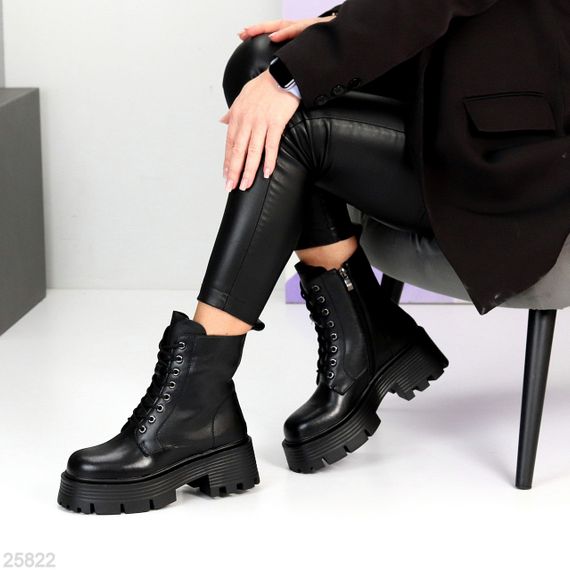 Молодежные черные кожаные зимние ботинки берцы на массивной подошве | Зображення 2