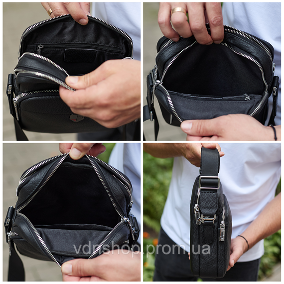 Мужская кожаная сумка-барсетка 24х20х8, компактная сумочка на плечо для мужчины, плечевой мессенджер, черная | Зображення 6
