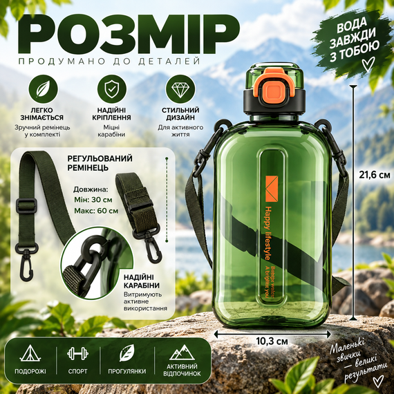 Спортивная бутылка для воды SPORT 750 мл с ремешком - многоразовая BPA-free пластиковая бутылка с герметичной крышкой, зеленая | Зображення 1