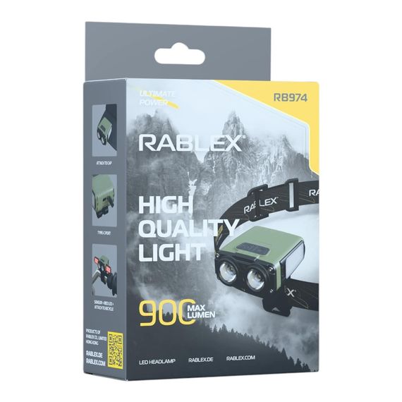 Ліхтар налобний Rablex RB974 - біле та червоне світло, сенсор, Type-C, 900 люмен, кріплення на велосипед | Зображення 1
