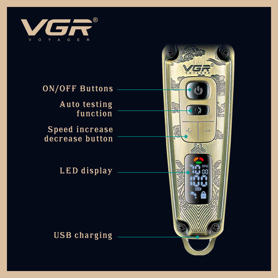 Триммер аккумуляторный VGR V-901, 4 насадки, LED дисплей | Зображення 4