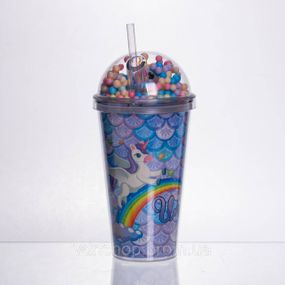 Пластиковый стакан с трубочкой и крышкой 400 мл многоразовый Голубой HP-18-2Y