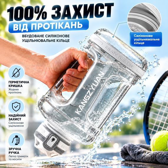 Спортивная бутылка для воды KANGZYUAN 1500 мл Tritan BPA Free, ударопрочная, белая, с ручкой и ремешком | Зображення 2