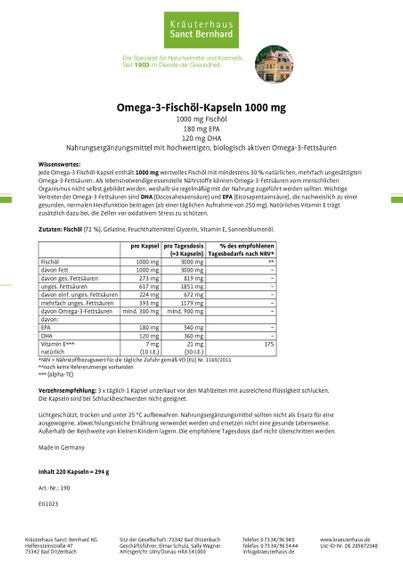 Капсулы Омега-3 1000 мг. "Sanct Bernhard" Omega-3 1000 mg. Рыбий жир морских рыб, 220 капсул, Германия | Зображення 2