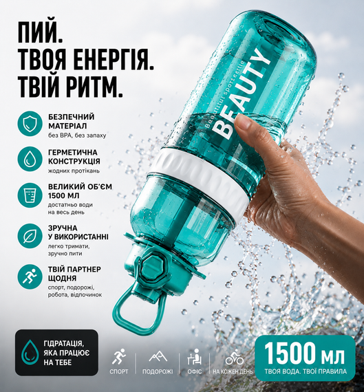 Спортивная бутылка для воды Beauty 1500 мл (1.5 л) с ручкой, трубочкой и ремнем. Голубая | Зображення 5