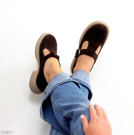 Замшеві демі туфлі на ремінці натуральна замша низький хід колір Шоколад | Зображення 1