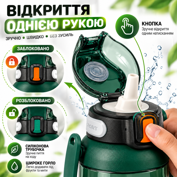 Бутылка для воды TKK 1400 мл зеленая спортивная Tritan BPA Free ударопрочная с соломинкой, ручкой и ремешком через плечо | Зображення 6