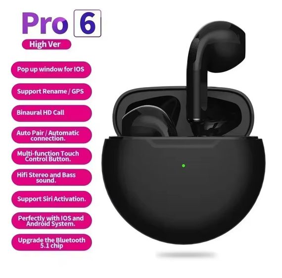 Бездротові Bluetooth-навушники Pro 6 TWS з мікрофоном Fone 5,3 Чорний