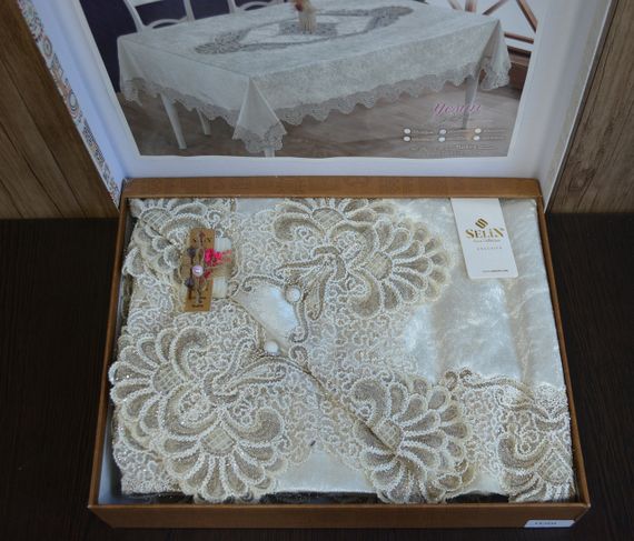 Велюровая скатерть Selin Yesim 160×350 см Кремовая | Зображення 3