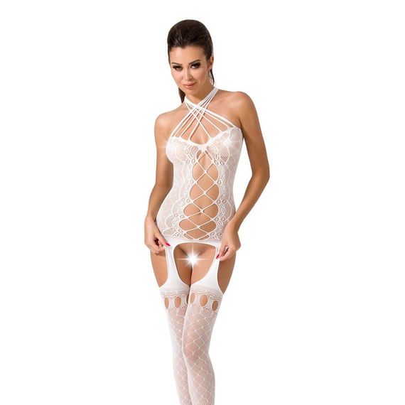 Бодістокінг Passion BS056 white, комбінезон, імітація панчох, S/M/L