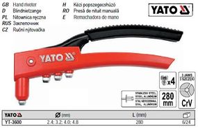 Заклепочник ручной YATO Польша Ø=2,4/3,2/4,0/4,8 l=280 мм YT-3600